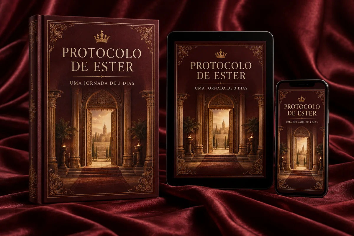Representação do Protocolo de Ester em livro, tablet e celular, com capa vinho e dourada